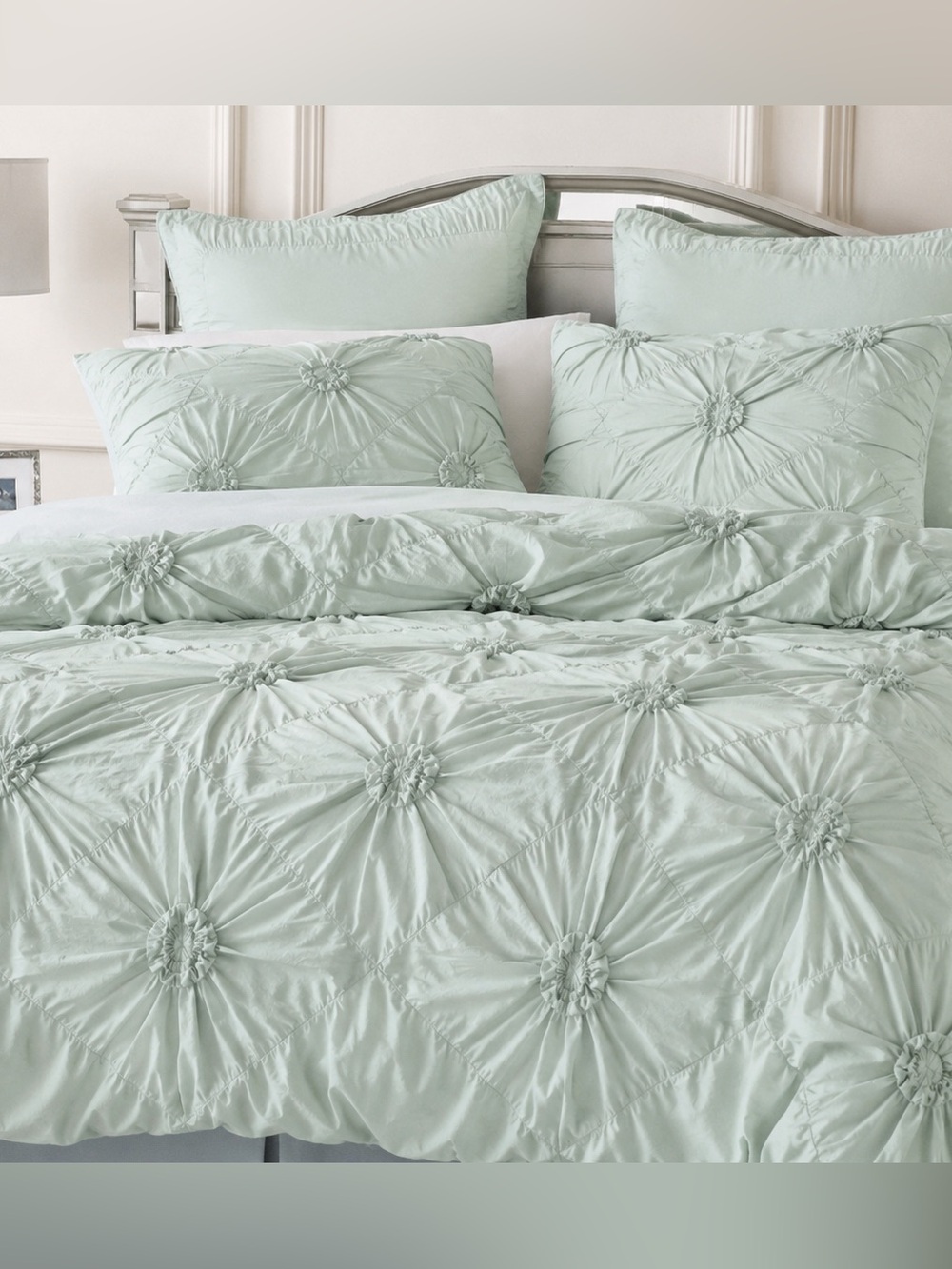 Pier One Mint Green Rosette Duvet Cover Queen Bedding Chic Cottagecore Decor